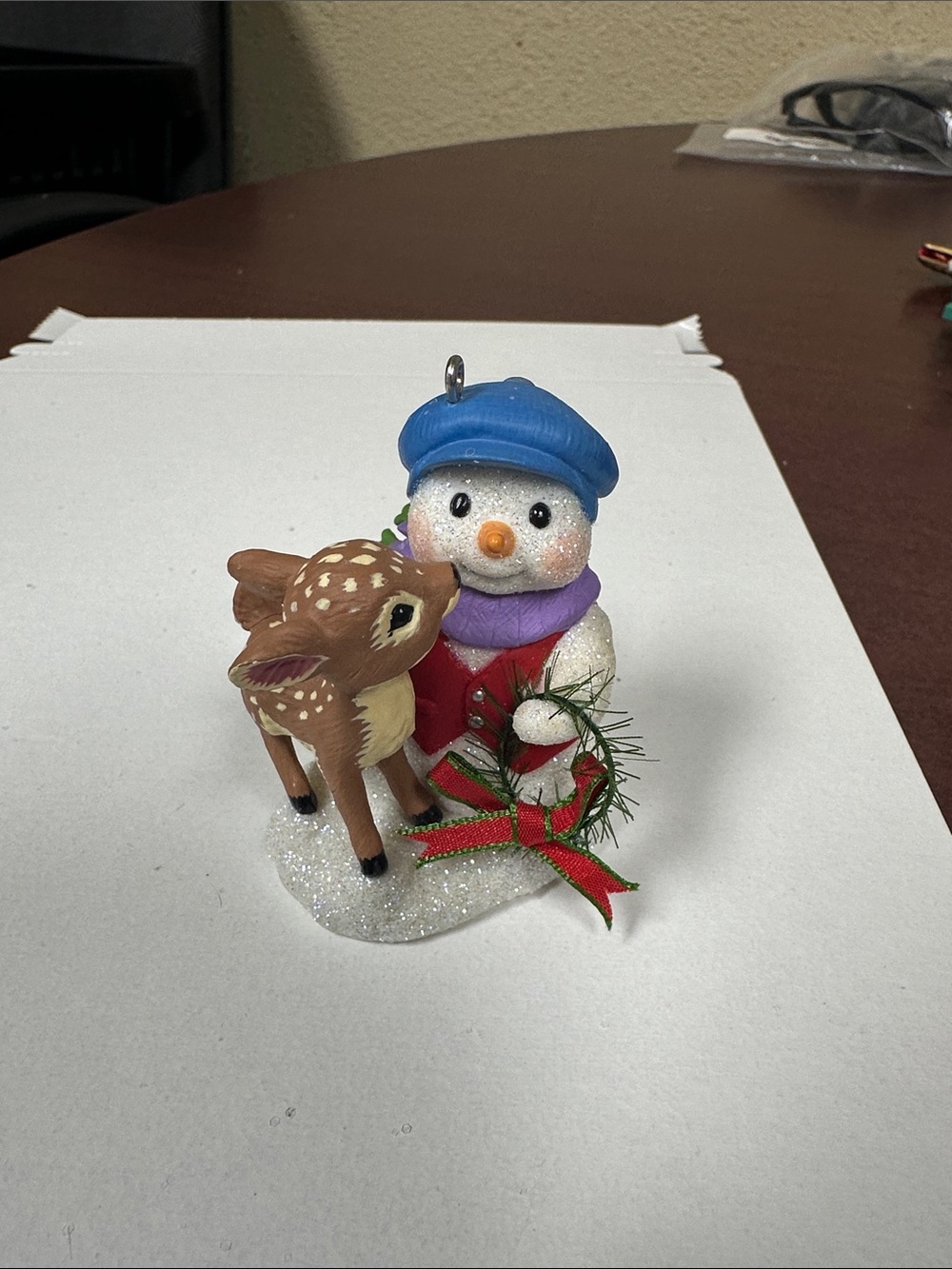 Hallmark Snowman Ornament with Blue Hat, Purple Scarf and Brown Fawn